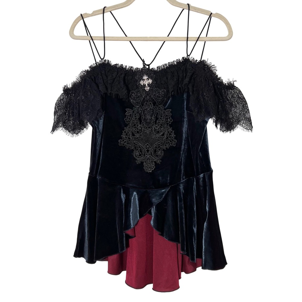 Devil Fashion Gothic Top Size XL Blue Velvet Lace Trim Strappy Renaissance Goth